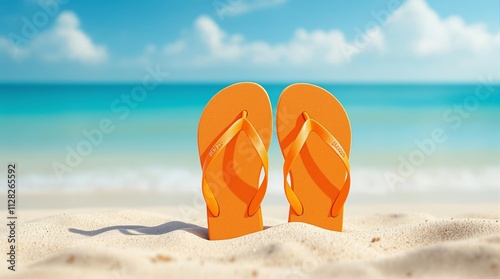 Bright orange sandals stuck in sand against a beautiful tropical ocean backdrop. photo