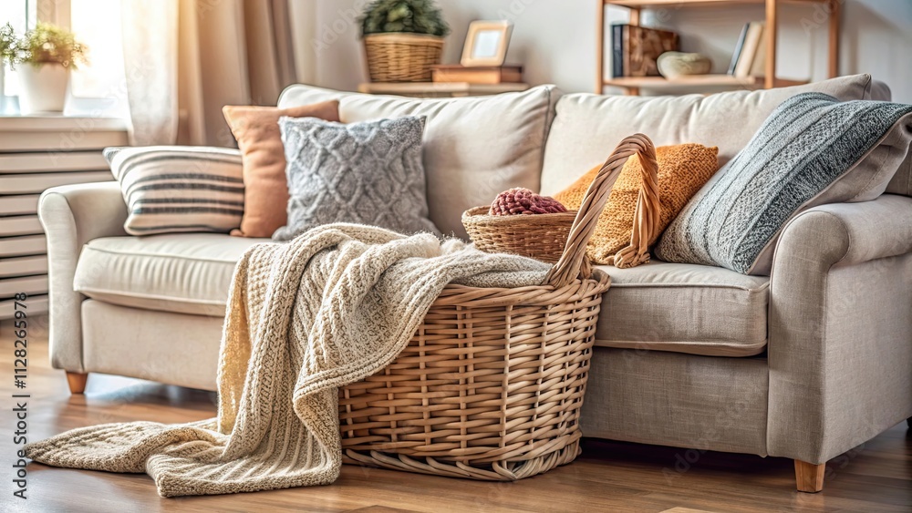 Cozy living room with a basket of knitted blankets on a couch, Cozy, living room, basket, knitted, blankets, couch Cozy living room with a basket of knitted blankets on a couch, Cozy, living room, basket, knitted, blankets, couch