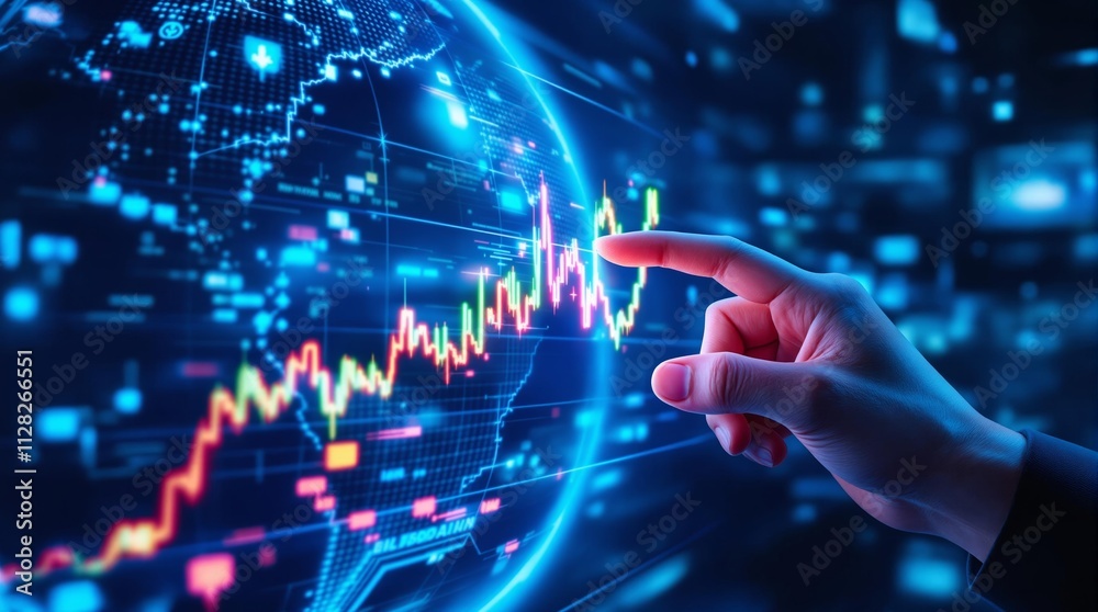 Hand pointing at glowing financial chart with digital world map in background. Hand pointing at glowing financial chart with digital world map in background.