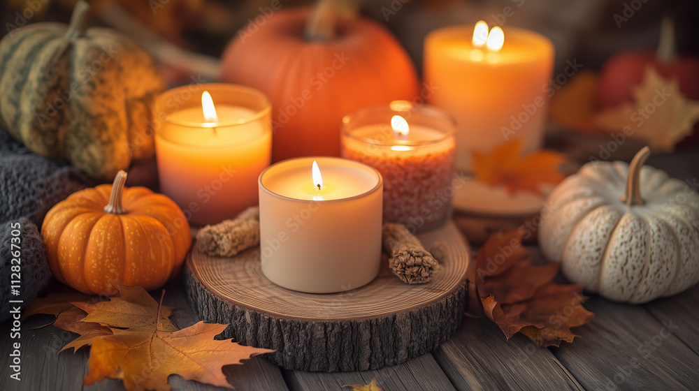 Seasonal scented candles with pumpkins and autumn decor Seasonal scented candles with pumpkins and autumn decor