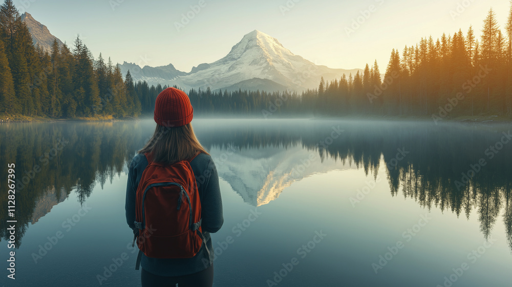 A traveler with a red backpack and hat gazing at a serene mountain reflected in a calm lake surrounded by evergreen trees. A traveler with a red backpack and hat gazing at a serene mountain reflected in a calm lake surrounded by evergreen trees.