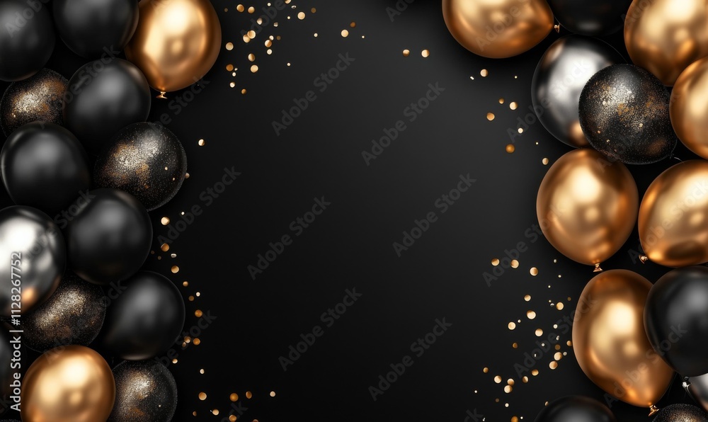 Flat lay black gold balloons background are arranged and Flat lay black gold balloons background are arranged and