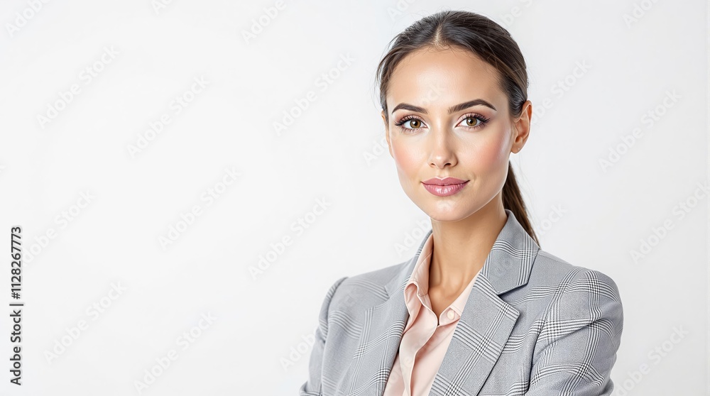 Professional woman in a gray plaid blazer on a plain white background. Professional woman in a gray plaid blazer on a plain white background.