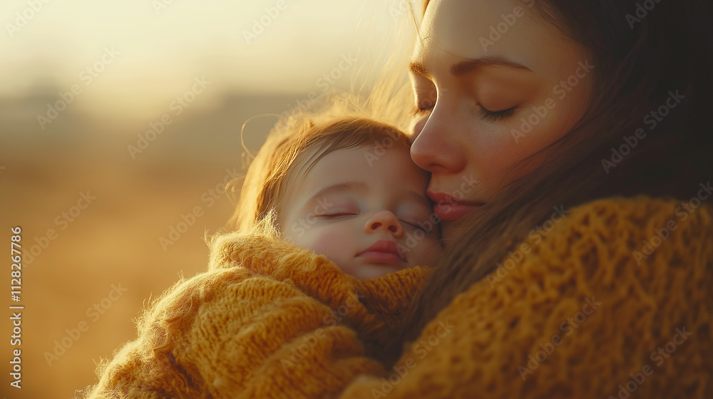 A tender moment of a mother holding her sleeping baby close, wrapped in cozy knits, bathed in soft golden sunlight.