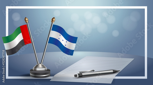United Arab Emirate and Honduras National flags on small table with bokeh background, cooperative relationship