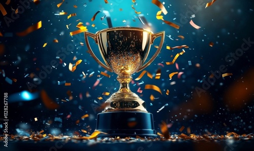 Golden trophy blue pedestal is center surrounded by Gold first place winners