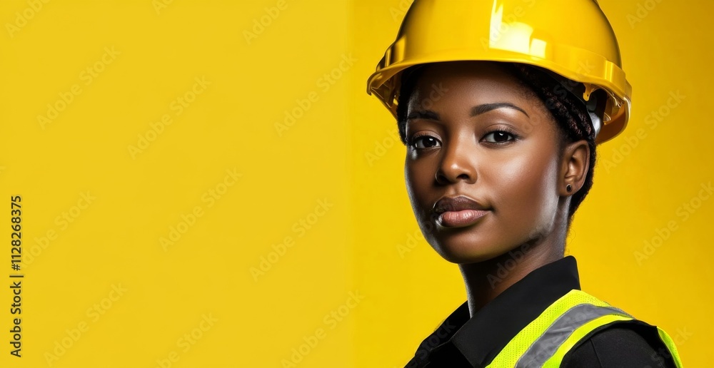 Portrait young African-American woman wearing yellow hard hat of a black construction Portrait young African-American woman wearing yellow hard hat of a black construction