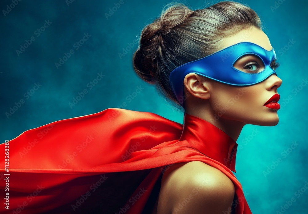 Portrait woman wearing blue superhero mask red cape Super hero a mask Portrait woman wearing blue superhero mask red cape Super hero a mask