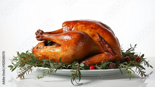 Perfectly Golden-Brown Roasted Thanksgiving Turkey, Crisply Carved, on White Platter with Autumnal Herbs photo