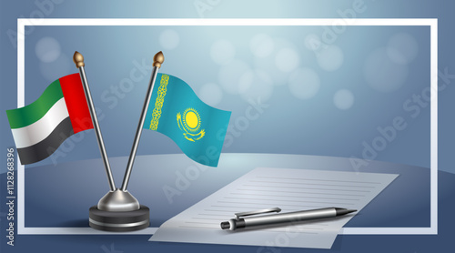 United Arab Emirate and Kazakhstan National flags on small table with bokeh background, cooperative relationship