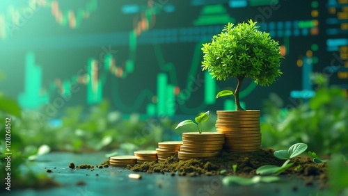 Futuristic Green Finance, Sustainable Investment Growth, Eco-Friendly Economy, ESG Principles, Carbon Credits, Trading Floor, Vibrant Green Tree, Coin Stack, Seedling, New Beginnings