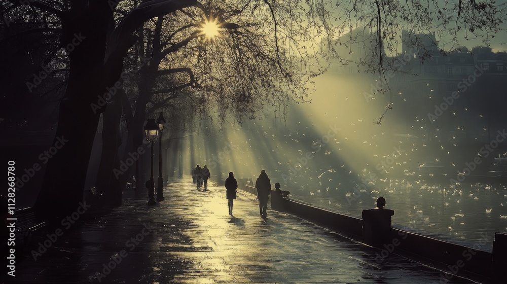 Fototapeta premium Mysterious misty forest with sunlight filtering through the trees