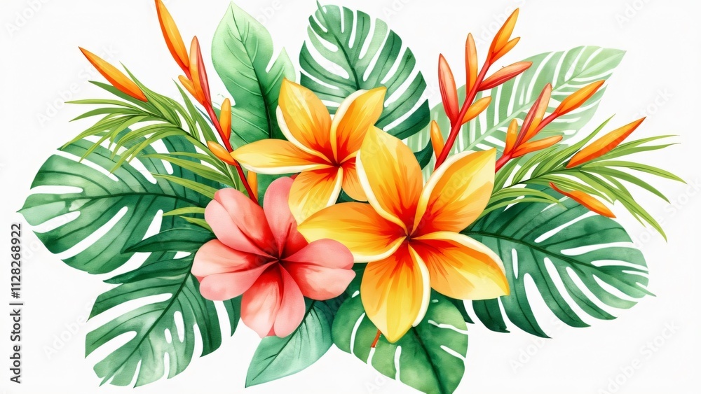 Fototapeta premium Vibrant Watercolor Tropical Floral Bouquet, Lush Spring Foliage with Citrus, Coral, and Yellow Blooms PNG