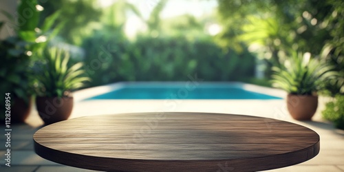 Round wooden table foreground beautiful view swimming pool Empty poolside surface with summer travel