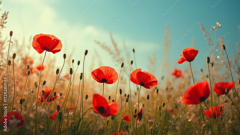 Obraz premium Vibrant Red Poppy Meadow, Dew-Kissed Petals, Autumnal Hues, and Star-Shaped Blooms in a Gentle Breeze
