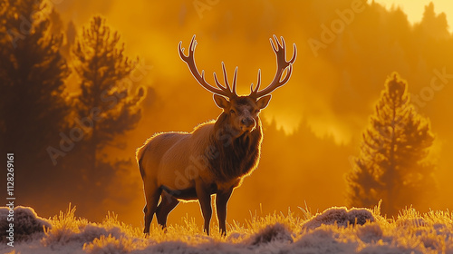 Wallpaper Mural A striking image of a bull elk standing in a frosty meadow, illuminated by the golden hues of a sunrise. Torontodigital.ca