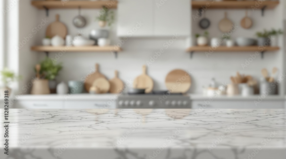 Marble countertop in modern kitchen with blurred background of shelves and utensils. Marble countertop in modern kitchen with blurred background of shelves and utensils.
