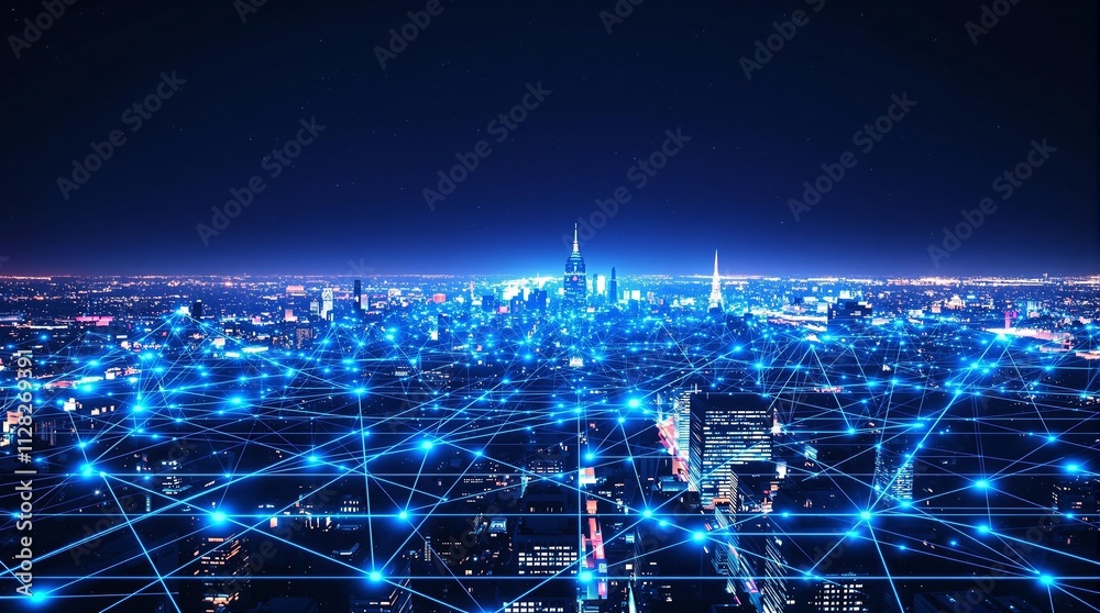 Fototapeta premium Cityscape illuminated with blue interconnected network lines at night.