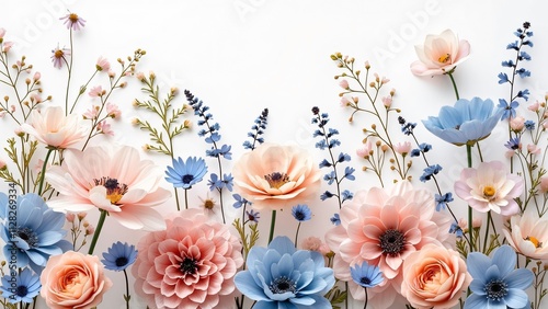 Stunning Floral Banner, Eclectic Mix of Pink, Peach, and Blue Flowers with Intricate Filigree Details
