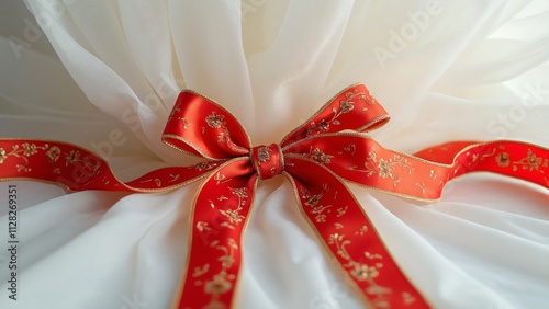Luxurious Red Satin Ribbon with Golden Embroidery, Elegant Bow on White Background
