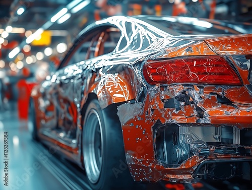 Damaged Orange Sports Car in Factory Assembly Line, Crash Test, Automotive Repair