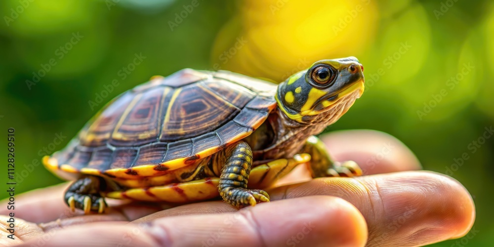Macro photography reveals intricate shell patterns of a miniature yellow and brown turtle. Macro photography reveals intricate shell patterns of a miniature yellow and brown turtle.