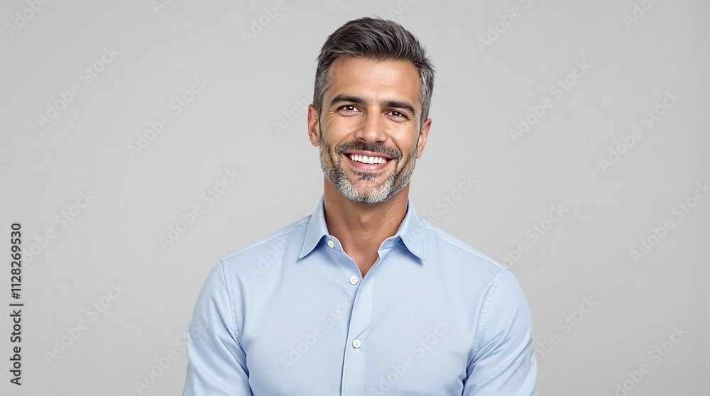 Portrait of a smiling man in a light blue shirt on a neutral background. Portrait of a smiling man in a light blue shirt on a neutral background.