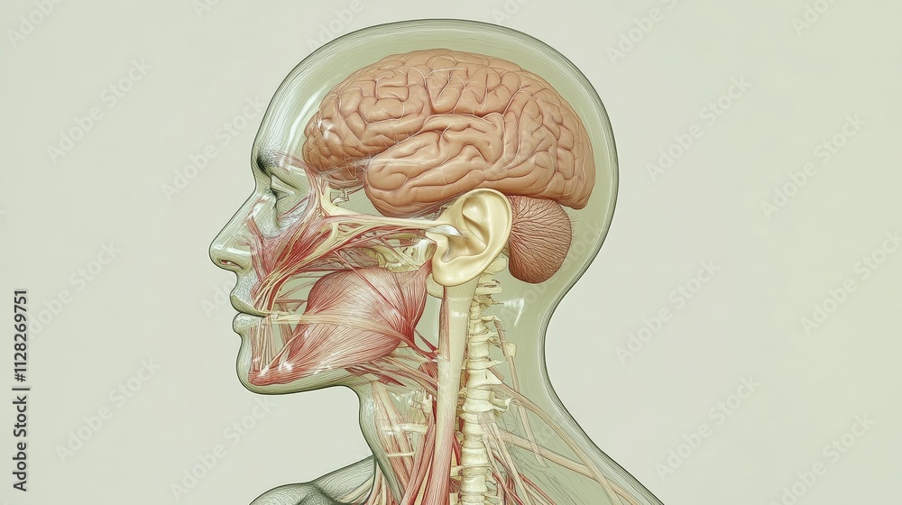 Obraz premium 3D Human Head Anatomy Brain Muscles Nerves and Spine