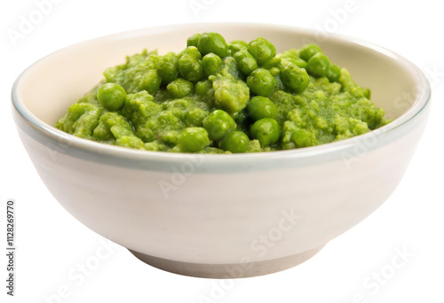 Mashed peas in a white bowl isolated with transparent background