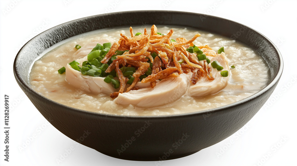 Delicious Chicken Rice Porridge Crispy Onions, Spring Onions, Bowl. Generative Ai. Delicious Chicken Rice Porridge Crispy Onions, Spring Onions, Bowl. Generative Ai.