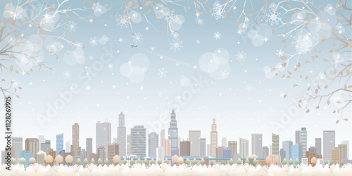雪景色の街並みのイラスト. 冬の街並みのイラスト. 