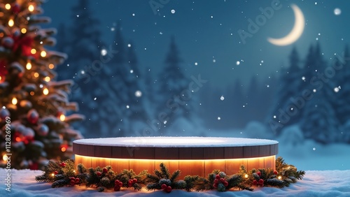 Elegant Christmas Podium, Festive Product Display with Snow-Covered Tree & Lights