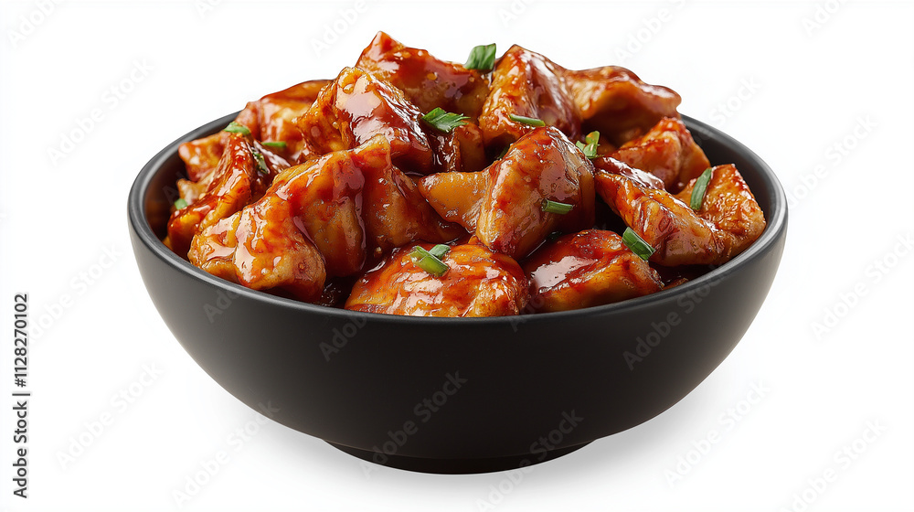 Delicious Glazed Chicken Bites in Black Bowl, Asian Cuisine. Generative Ai. Delicious Glazed Chicken Bites in Black Bowl, Asian Cuisine. Generative Ai.