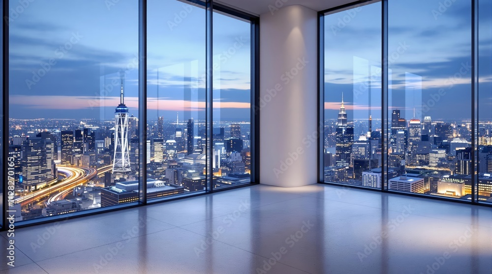 Fototapeta premium Modern interior with panoramic city view through large glass windows showcasing a vibrant urban skyline during twilight.