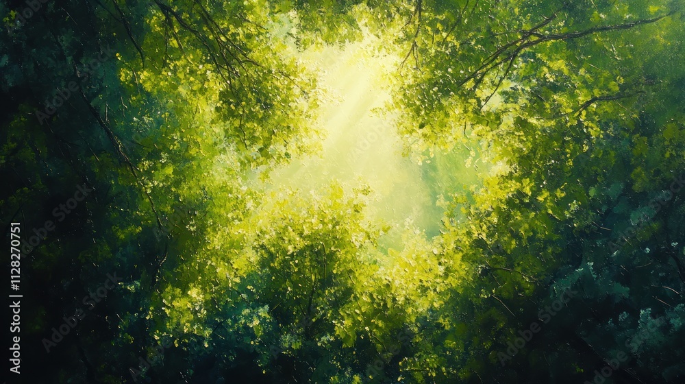 View of a forest canopy from above, sunlight breaking through, vibrant green tones View of a forest canopy from above, sunlight breaking through, vibrant green tones