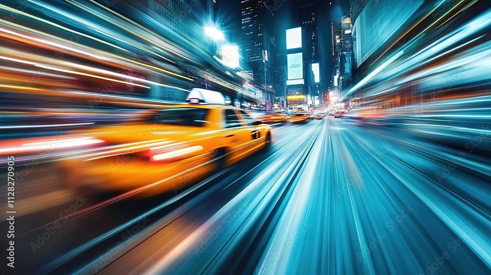 motion blur image of yellow taxi speeding through busy downtown street under bright city lights motion blur image of yellow taxi speeding through busy downtown street under bright city lights