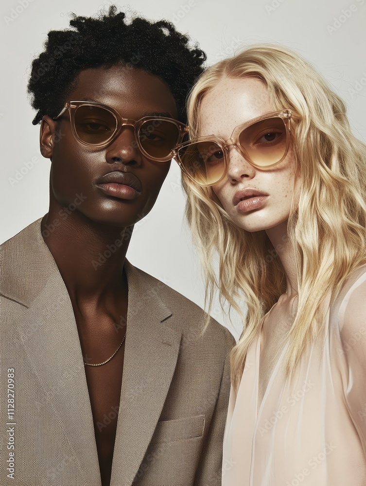 Fashion-forward woman and man posing in elegant outfits and sunglasses, showcasing modern style and sophistication. Fashion-forward woman and man posing in elegant outfits and sunglasses, showcasing modern style and sophistication.