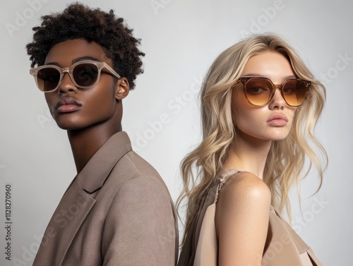 Two fashionable models wearing sunglasses, exuding modern style, confidence, and elegance in a studio setting.