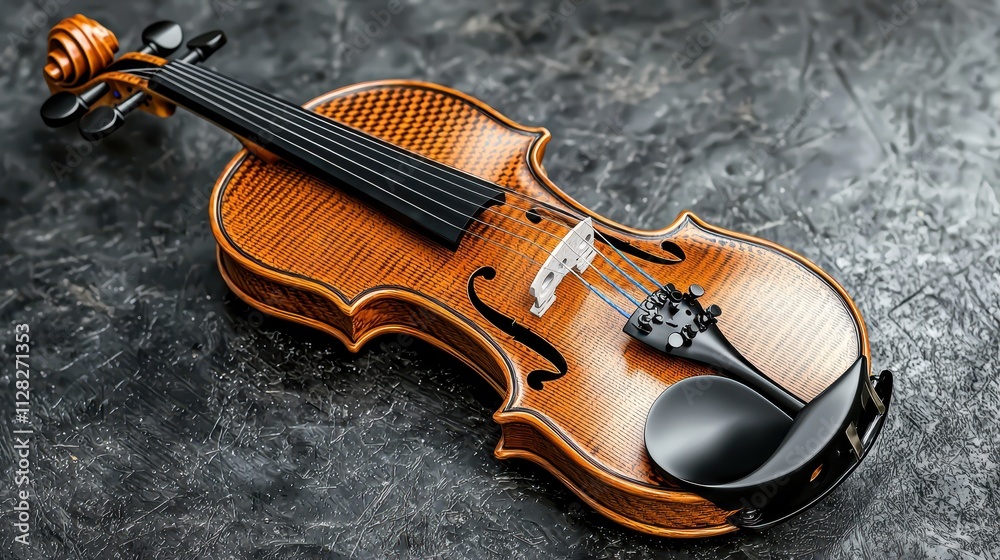 Stunning Close-Up of an Elegantly Crafted Wooden Violin on Textured Surface Stunning Close-Up of an Elegantly Crafted Wooden Violin on Textured Surface