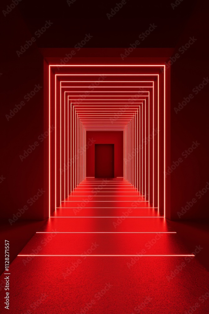 Red empty room background, symmetrical lines of light on the ground leading to an open door at the end of the line Red empty room background, symmetrical lines of light on the ground leading to an open door at the end of the line