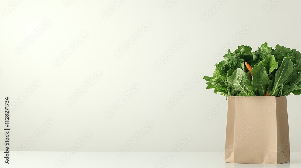 Fototapeta premium paper bag filled with fresh leafy greens and carrots placed on seamless white surface