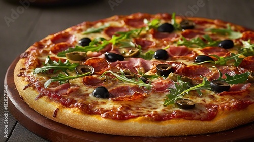 Delicious Italian Pizza with Pepperoni, Ham, Olives, and Arugula