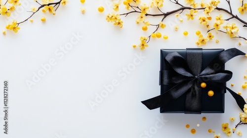 Elegant Black Gift Box Surrounded by Delicate Yellow Floral Accents and Decorative Elements on a Soft Neutral Background for Festive Occasions photo