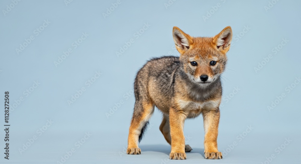 Cute baby coyote portrait with light blue background for wildlife education and animal conservation