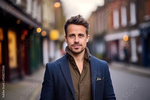 Portrait of a handsome young man standing in a city street.