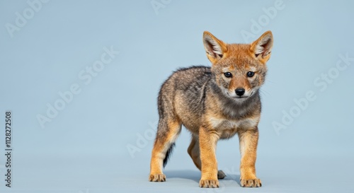 Obraz na płótnie Cute baby coyote portrait with light blue background for wildlife education and animal conservation w salonie