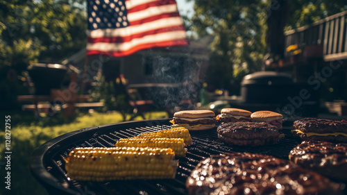 A family gathered around a backyard barbecue, enjoying traditional Memorial Day food like burgers and corn on the cob, with an American flag displayed. Ai generated