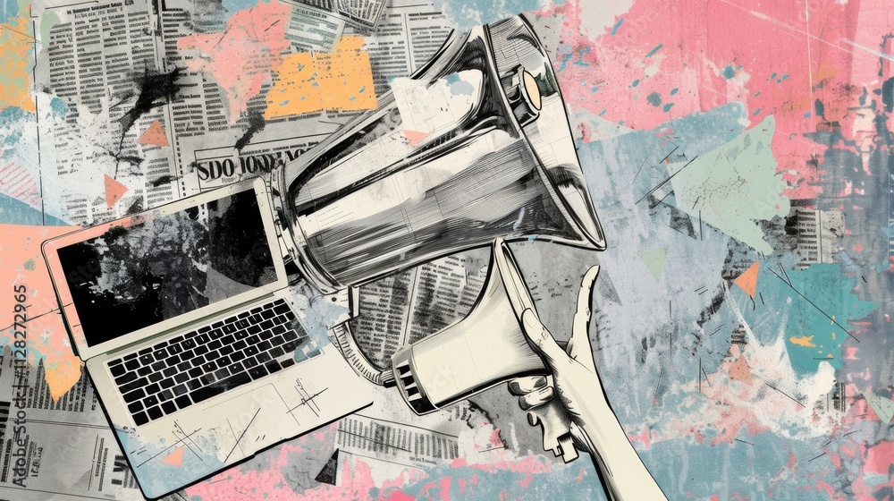 Modern Media Collage: A Hand Holding a Megaphone with Laptop and Newspaper Background Modern Media Collage: A Hand Holding a Megaphone with Laptop and Newspaper Background