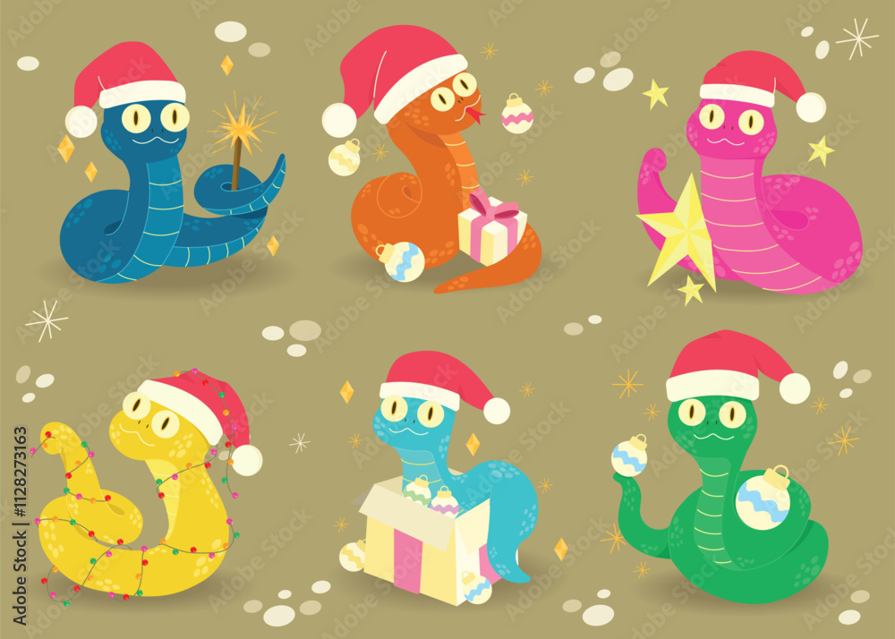 Naklejka premium Colorful illustrations of festive snakes celebrating Chinese new year in a playful environment