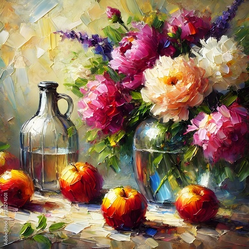 A vivid still-life composition featuring colorful peonies, fresh apples, a glass vase, and dramatic lighting, evoking timeless elegance.